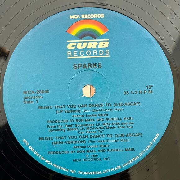 Sparks Music You Can Dance To 12" Single Club Version 1986 Curb Records MCA23640 - Picture 1 of 6